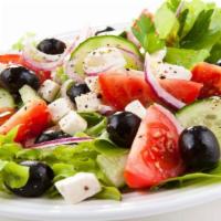 Greek Salad · Lettuce, cucumbers, tomatoes, olives, feta cheese, onions, with lemon vinaigrette dressing
