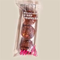 Chocolate B'day Cake Truffles 3 pack · Fudgy cake bits with chocolate chips and rainbow sprinkles and coated in chocolate and choco...