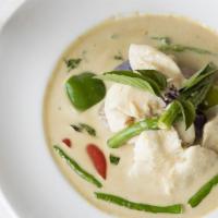 Halibut Green Curry · Halibut in green curry with Thai basil,bell pepper, green bean, eggplant