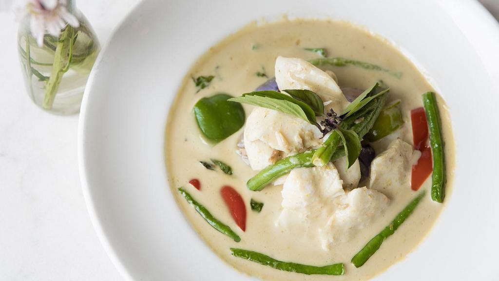 Halibut Green Curry · Halibut in green curry with Thai basil,bell pepper, green bean, eggplant