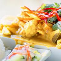 Yellow Curry · Spicy. Choice of chicken, beef, pork, prawns or seafood with potatoes, onion, cauliflowers, ...