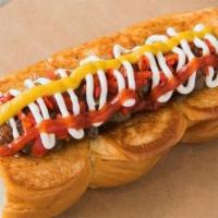 Downtown Dog · Smoked bacon dog, caramelized onions, pickled peppers, mayo, mustard, ketchup.
