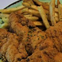 Signature Fried Chicken Tenders with fries · Large tenders Marinated and Hand-breaded in house , fried fresh till golden served with frie...