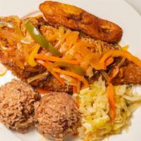 Escovitched  Whole Snapper Meal · Jamaican Style whole bone in fish escovitched served with rice and Peas and plantain.