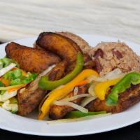 Escovitched Snapper Fillet Meal · Jamaican Style fillet Snapper fish escovitched served with rice and peas, sauteed vegetables...