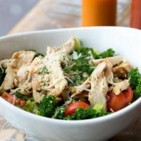 Flipped Chicken Salad · Mary's free-range slow-roasted rotisserie chicken, kale, cucumber, cherry tomatoes, mint, bl...