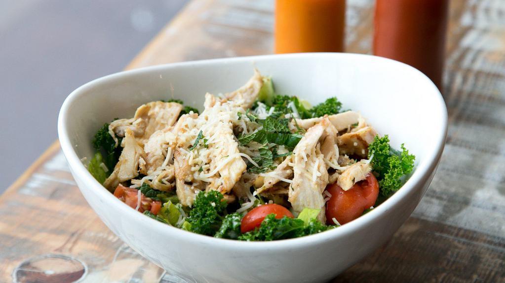 Flipped Chicken Salad · Mary's free-range slow-roasted rotisserie chicken, kale, cucumber, cherry tomatoes, mint, black pepper parmesan dressing.