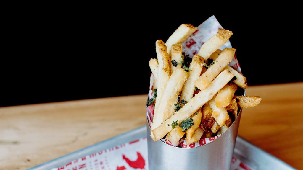 Hand-Cut Fries · With malted mayo.