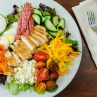 Cobb Salad · Mixed greens, chicken, salami, cucumber, cherry tomatoes, sweet bell peppers, hard boiled eg...