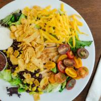 BBQ Chicken Salad · Mixed greens,grilled chicken, frito chips, cheddar cheese, black beans, corn, cherry tomatoe...