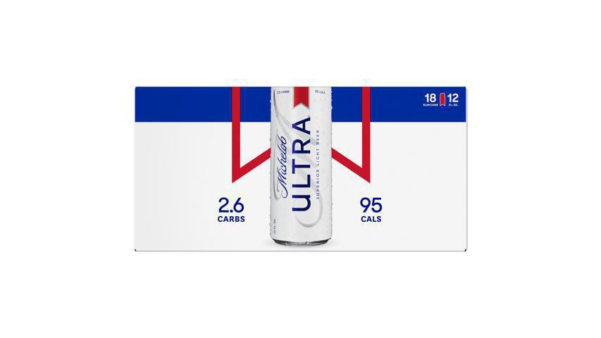 Michelob Ultra Can (12 Oz X 18 Ct) · Michelob ULTRA is a superior light beer that is made for those living active and balanced lifestyles. This light lager is brewed with Herkules hops and wholesome grains, creating exceptional taste and a crisp, refreshing finish. Not only is this American beer made with no artificial colors or flavors, but it has just 95 calories and 2.6 grams of carbs per serving; by drinking Michelob ULTRA, you can enjoy a cold beer without compromising your active lifestyle. Enjoy these slim cans of beer during dinner, social gatherings or get-togethers that call for refreshing drinks. The handle on this 18 pack of beer cans makes it easy to transport with you anywhere.