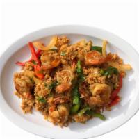 Shrimp Biryani · Large size shrimp cooked with a mixture of rice assorted veg biriyani, spices and nuts.