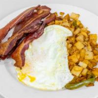 Bacon & Eggs · Four strips of extra thick bacon served with three large eggs
