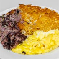 Homemade Corned Beef Hash and 3 Eggs · Fresh Corned Beef Hash made from scratch.