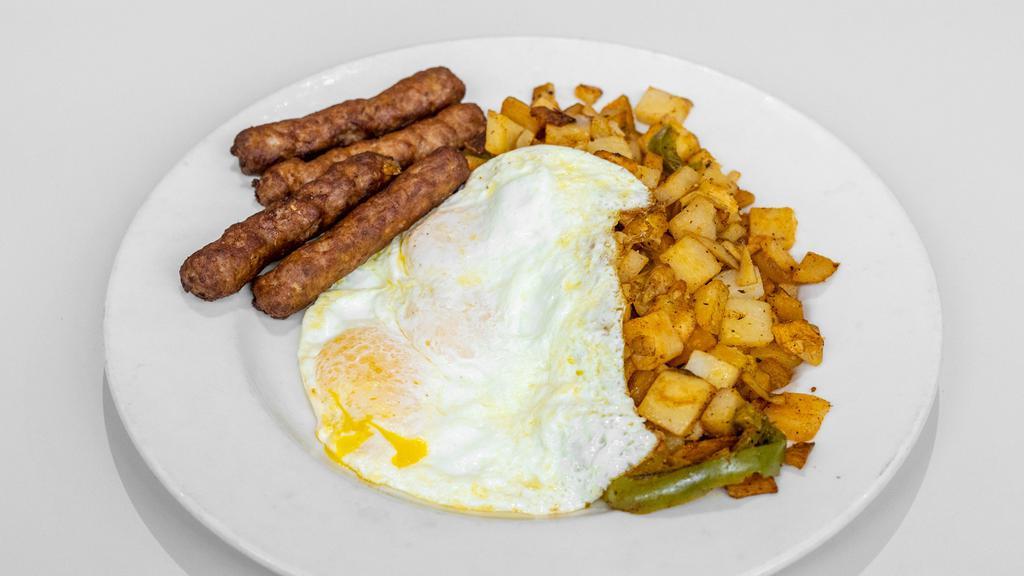 Link Sausage & Eggs · Four plumb link sausages served with three large eggs
