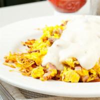 Country Meat Scramble · Sausage, bacon, ham, onions, peppers & mushrooms, scrambled w/eggs, over home fries, topped ...