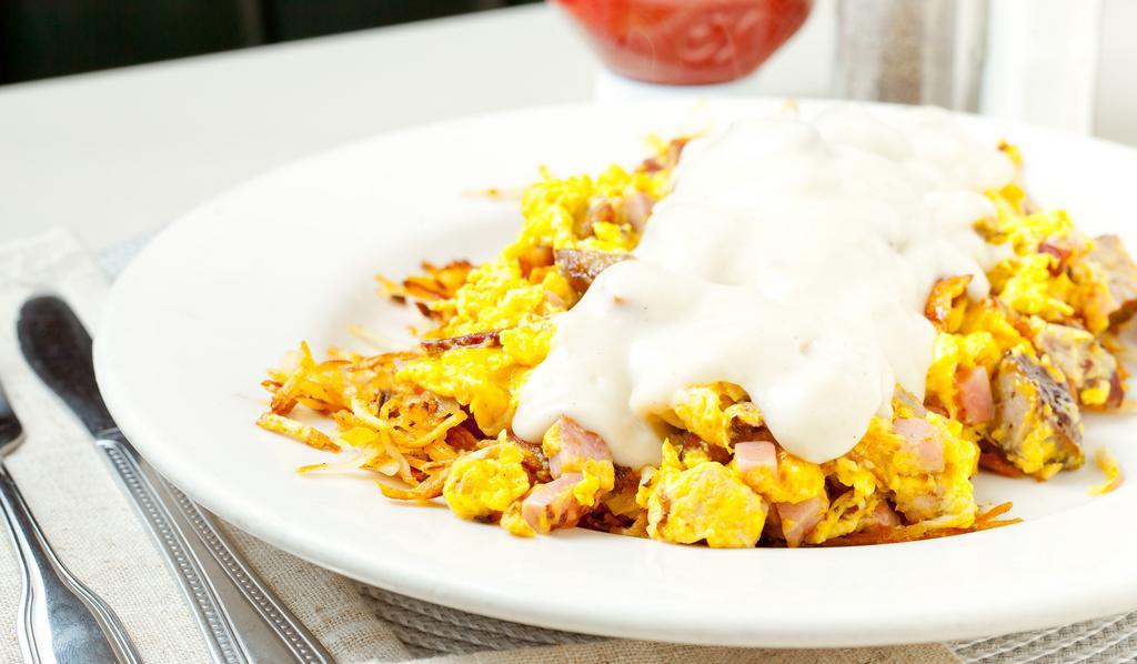 Country Meat Scramble · Sausage, bacon, ham, onions, peppers & mushrooms, scrambled w/eggs, over home fries, topped w/country gravy.