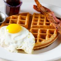 Special #1 · Golden waffle, one egg with choice of: 2 strips of bacon or 2 sausage links or 1 sausage pat...