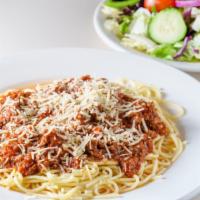 Spaghetti with Meat Sauce · Pipping hot spaghetti smothered with our homemade meat sauce