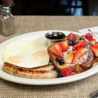 Jumpstart Breakfast (French Toast)* · Two eggs, two pieces of your choice of breakfast meat, and two pancakes or two french toast