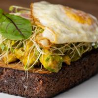 Avocado Toast · Crushed avocado, tomato vinaigrette, micro greens, alfalfa sprouts and slivered radishes on ...