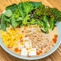 Vegan Ramen · Sesame miso broth, broccolini, tofu, corn, bean sprouts, soy meat, baby kale, chili oil.