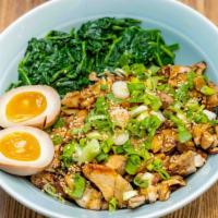 Chicken Bowl · Chicken thigh, soft boiled egg, spinach, green onion, rice.