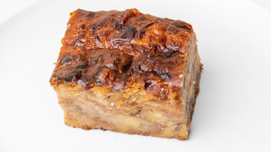 Bread Pudding · Contains bread, apple, eggs, cinnamon, and milk.