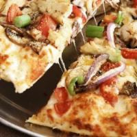 Chicken & Garlic Gourmet Pizza · Chicken, garlic, mushrooms, tomatoes, red and green onions, Italian herb seasoning on creamy...