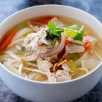 Noodle Soup · Thai simple noodle soup with rice noodles, beansprout, spinach, onions, carrots and choice p...