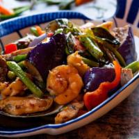 Spicy Eggplant · Eggplant sautéed with onions, green beans, carrots, red bell peppers with Thai basil and chi...