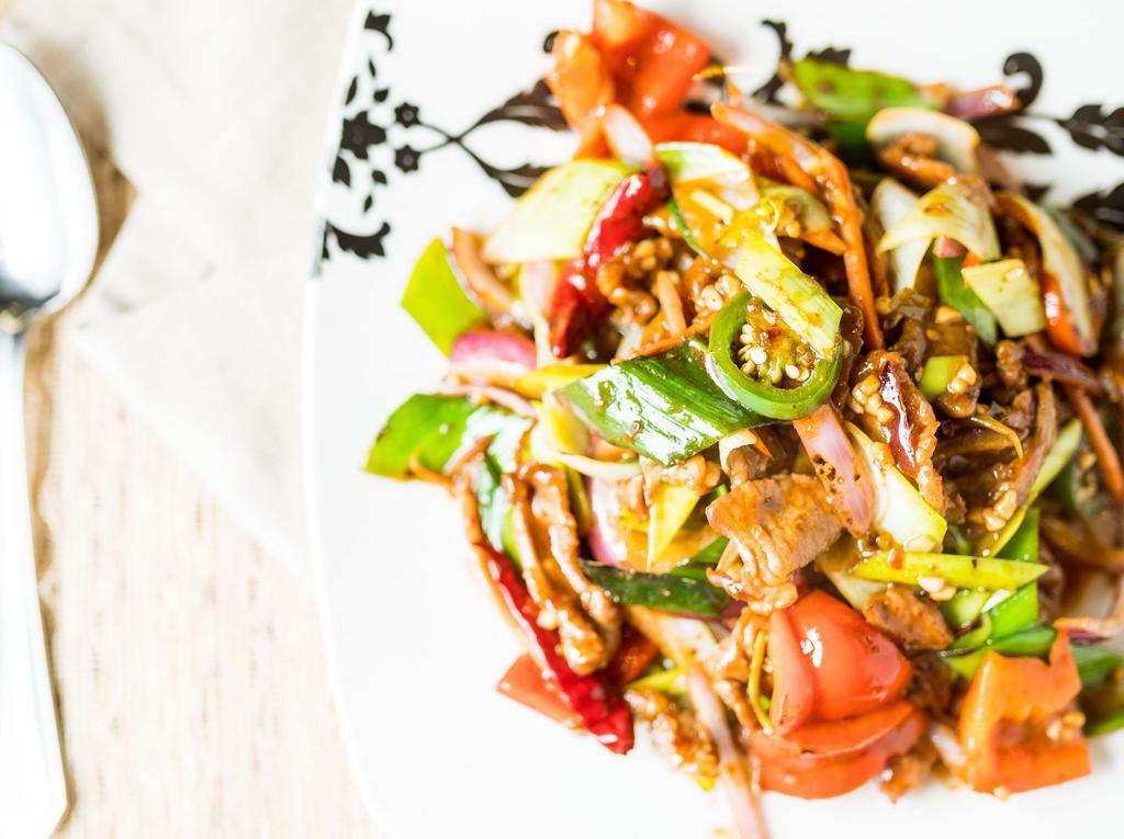 Hunan Lamb · Tender marinated lamb sauteed w/ fresh leeks, red onion, red bell pepper, and jalapenos w / chef’s special sauce.