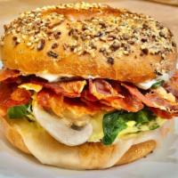 Bagel with Mayo, Egg, Mozzarella, Spinach, Mushroom & Bacon · If the bagels of your choice are not available, you will receive a plain bagel.