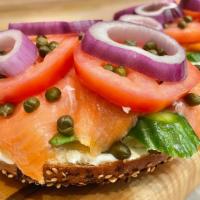 Bagel with Cream Cheese, Lox & Capers · Bagel with cream cheese, tomato, onion, cucumber, smoked salmon, and capers. If the bagels o...