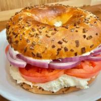 Bagel with Cream Cheese, Tomato & Onion · With Option to Add Alfalfa Sprout and Cucumber. If the bagels of your choice are not availab...