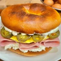 Bagel with Cream Cheese, Egg, Ham & Jalapeño · If the bagels of your choice are not available, you will receive a plain bagel.