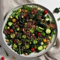 Quinoa Salad · Avocado, chickpeas, quinoa, kale, tomato, and cucumber with your choice of greens and dressi...