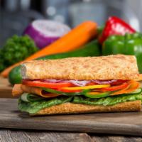 10 Veggie Sandwich · Red, yellow, and green bell pepper, carrots, and english cucumber.