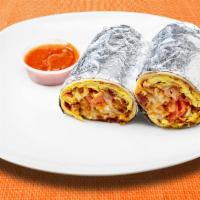 Chorizooo Burrito · Chorizo, eggs, tater tots, spicy jalapenos, hot sauce, cheddar cheese, caramelized onions, t...
