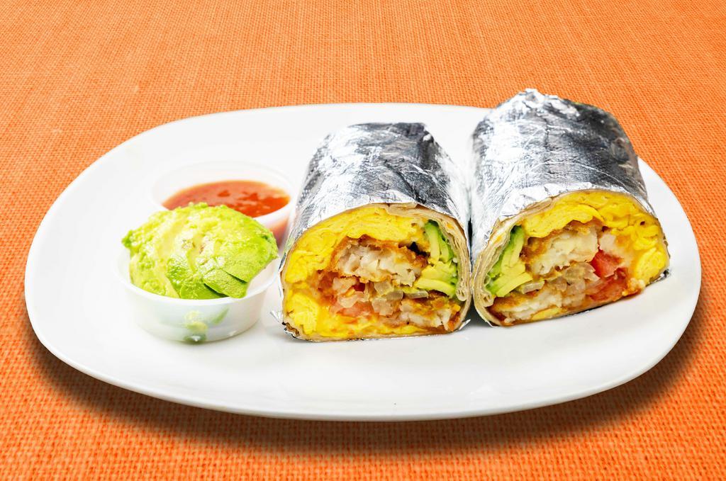 Let's Avocuddle Burrito · Avocado, eggs, tater tots, cheddar cheese, tomatoes and caramelized onions wrapped in a flour tortilla.