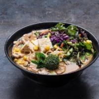 The Veggie · Vegetable broth with a miso base, bean sprouts, corn, mushroom, tofu, broccolini, baby green...