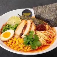 The Shoyu On Fire · Spicy clear chicken broth with shoyu, green onion, corn, seaweed, jalapeños, lime, and egg. ...