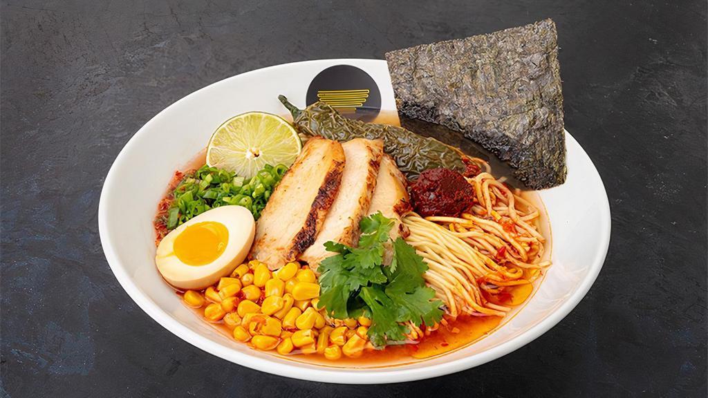 The Shoyu On Fire · Choice of  Pork Belly, Chicken, Tofu,
Spicy Clear Chicken Broth, Green Onion, Corn, Seaweed , Fried Jalapeno, Cilantro, Lime, Egg( Spicy label 1,2,3)