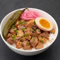 Pork Bowl · Pork belly, pickled onion, green onion, fried jalapeno, soft boiled egg and red ginger over ...