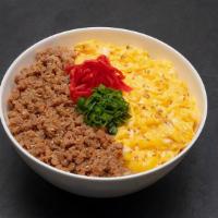 Soboro Bowl · Ground chicken with scrambled egg, green onion and red ginger over rice.
