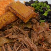 Ropa Vieja · Braised Brisket with Onions, Tomato & Peppers, Sofrito Rice, Cuban Black Beans, Plantain Mad...