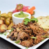 Puerco Cubano · Roasted Pork Shoulder, Chayote & Potatoes, Pickled Vegetables,        Jalapeno-Cilantro Sals...