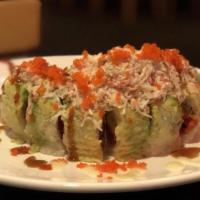 55. Mount Fuji Roll · Tempura shrimp, cucumber, spicy tuna topped with avocado, crab meat, masago, and unagi sauce...