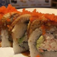2. Tiger Roll · California roll topped with BBQ eel and masago.