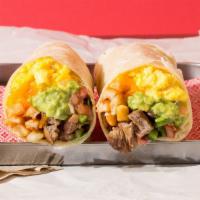 California Burrito · California breakfast burrito loaded with eggs, cheese, carne asada, fries, pico de gallo and...